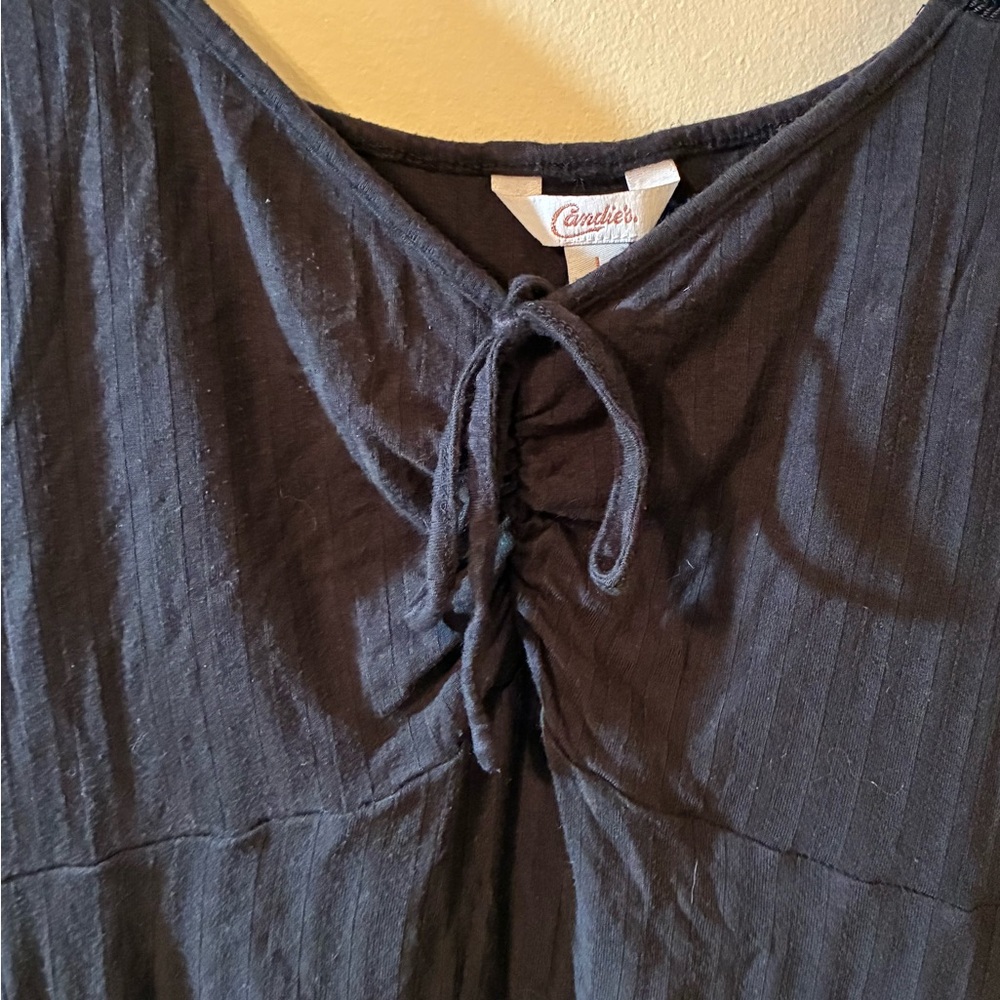 Candie's Black Tie-Front Black Ribbed Tank Top Coquette Peasant Boho Coquette - Picture 3 of 8